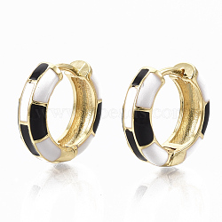 Brass Huggie Hoop Earrings, with Two Tone Enamel, Real 18K Gold Plated, Black, 16x16.5x5mm, Pin: 1x1mm(EJEW-S209-06A)