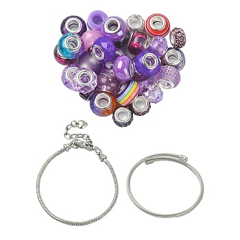 DIY European Style Bracelet Making Kits, Including Acrylic & Resin & Polymer Clay Rhinestone European Beads, Alloy & Brass Cuff Bangles Makings, Purple, 56Pcs/set
