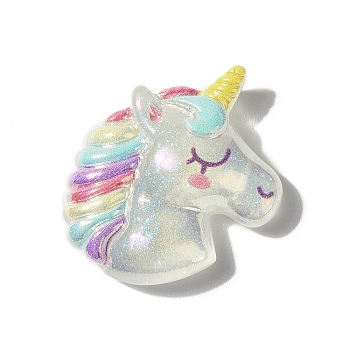 Summer Theme Opaque Resin Cabochons, with Glitter Powder, Unicorn, 29x23x8mm