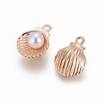 Alloy Enamel Pendants, with Acrylic Pearl Beads, Shell, Light Gold, Light Salmon, 15x11.5x7mm, Hole: 1.4mm