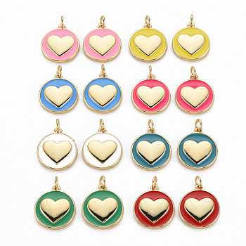 Brass Enamel Pendants, with Jump Rings, Real 16K Gold Plated, Nickel Free, Flat Round with Heart, Mixed Color, 17x15x3mm, Jump Ring: 5x1mm, 3mm inner diameter