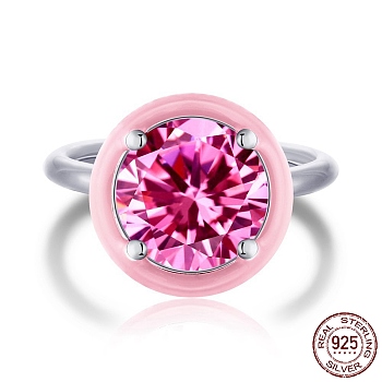 Rhodium Plated 925 Sterling Silver Rings, Birthstone Ring, Real Platinum Plated, with Enamel & Cubic Zirconia for Women, Flat Round, Pink, 1.8mm, US Size 7(17.3mm)