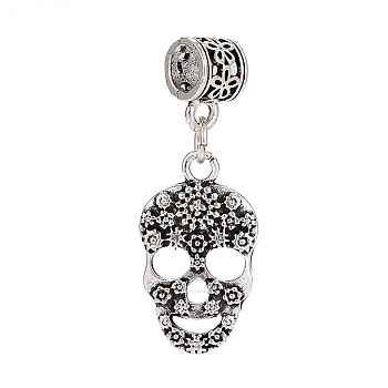 Tibetan Style Alloy European Dangle Charms, Large Hole Beads, Skull, Antique Silver, 36mm, Hole: 5mm, Pendant: 23x13x2mm