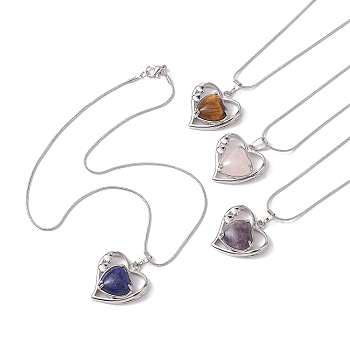 Heart Shaped & Hollow Out Natural Gemstone Pendant Necklaces, with Brass Round Snake Chains, Platinum, 16.42 inch(41.7cm)