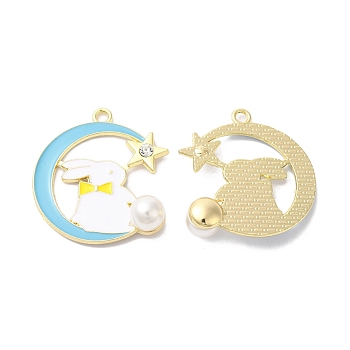 Alloy Enamel Pendants, with ABS Imitation Imitation Pearls and Rhinestone, Golden, Moon with Rabbit, Sky Blue, 33.5x30.5x9mm, Hole: 2.5mm