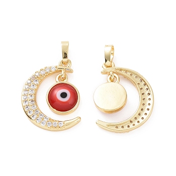 Brass Micro Pave Cubic Zirconia Pendants, with Handmade Evil Eye Lampwork, Crescent Moon Charm, Real 18K Gold Plated, Red, 23x16x4mm, Hole: 4x6mm