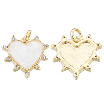 Brass Micro Pave Clear Cubic Zirconia Pendants, with Jump Rings and Shell, Enamel, Real 18K Gold Plated, Nickel Free, Heart, White, 15.5x15.5x3mm, Jump Ring: 5x1mm, 3mm inner diameter