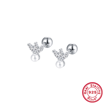 Rhodium Plated 925 Sterling Silver Micro Pave Cubic Zirconia Flower Stud Earrings, with Natural Pearl and 925 Stamp, Platinum, 6mm