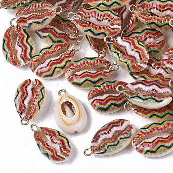 Printed Natural Cowrie Shell Pendants, with Golden Plated Brass Loop, Wave Pattern, Colorful, 19~23x11~13x6.5~7.5mm, Hole: 2mm