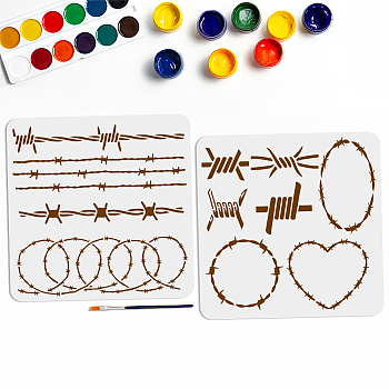US 1 Set Iron Wire Theme PET Hollow Out Drawing Painting Stencils, for DIY Scrapbook, Photo Album, with 1Pc Art Paint Brushes, Mixed Shapes, 300x300mm, 2pcs/set