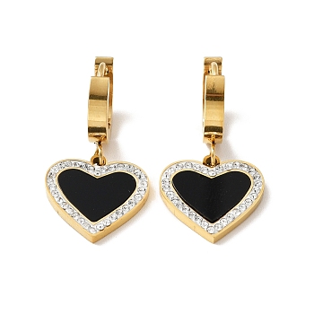 Resin Heart Dangle Hoop Earrings with Crystal Rhinestone, Ion Plating(IP) 304 Stainless Steel Jewelry for Women, Golden, Black, 31mm, Pin: 1mm