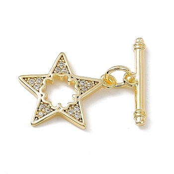 Brass Micro Pave Clear Cubic Zirconia Toggle Clasps, Star, Real 18K Gold Plated, star: 16x14x1.5mm, Hole: 1.2mm, bar: 16x4x2mm, hole: 1.2mm