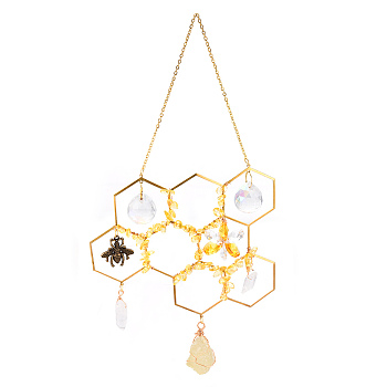 Natural Citrine Chip Pendant Decoration, Honeycomb Hanging Sun Catchers, Home Decoration, with Brass Finding and Glass Round Charm, Golden, 200x140mm