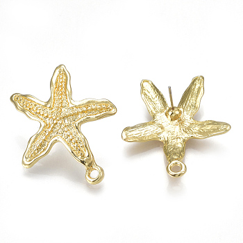 Alloy Stud Earring Findings, with Loop, Steel Pins, Starfish/Sea Stars, Light Gold, 33x28mm, Hole: 2mm, Pin: 0.7mm