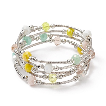Glass Beads Five Loops Wrap Bracelets, Brass Bead Bracelet for Women, Yellow, Inner Diameter: 2 inch(5cm)