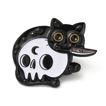 Cat with Knife & Skull Enamel Pin, Alloy Brooch for Backpack Clothes, Electrophoresis Black, 25x29.5x1.5mm