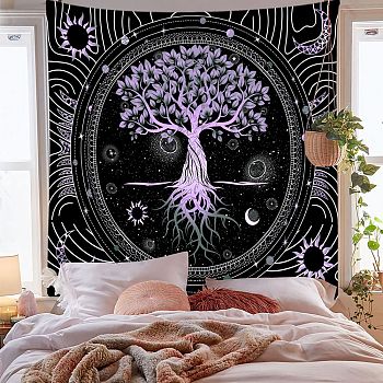 Polyester Tree of Life Pattern Trippy Wall Hanging Tapestry, Sun Moon Hippie Tapestry for Bedroom Living Room Decoration, Rectangle, Lilac, 1500x1300mm
