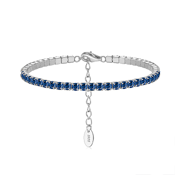 Rhodium Plated Real Platinum Plated 925 Sterling Silver Link Chain Bracelet, Cubic Zirconia Tennis Bracelets, with S925 Stamp, Dark Blue, 6-5/8 inch(16.8cm)