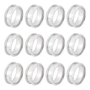 12Pcs Stainless Steel Grooved Finger Ring Settings, Ring Core Blank, for Inlay Ring Jewelry Making, Stainless Steel Color, US Size 7(17.3mm)