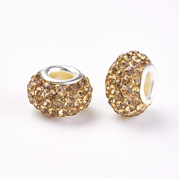 Resin Grade A Rhinestone European Beads, Large Hole Rondelle Beads, with Silver Color Plated Brass Cores, Light Colorado Topaz, 12x8mm, Hole: 4mm