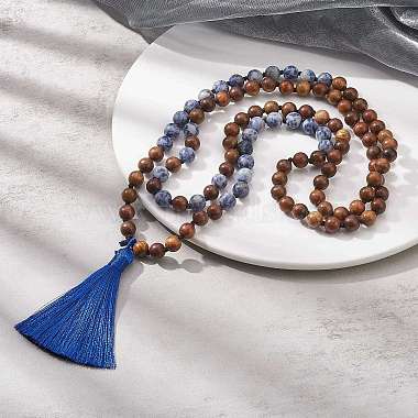 collar budista de madera y jaspe de mancha azul natural(NJEW-JN04306)-2
