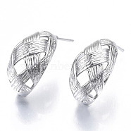 Brass Half Hoop Earrings, Stud Earring, with Stainless Steel Pins, Nickel Free, Horse Eye, Real Platinum Plated, 25x19mm, Pin: 0.7mm(KK-N232-110P-NF)