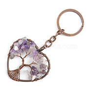 Natural Amethyst Pendant Keychains, with Brass Findings and Alloy Key Rings, Heart with Tree of Life, 10.7cm(HEAR-PW0001-148K)