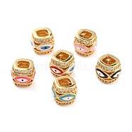 Real 18K Gold Plated Brass Micro Pave Clear Cubic Zirconia Beads, with Enamel, Large Hole Beads, Cadmium Free & Nickel Free & Lead Free, Column with Evil Eyes, Mixed Color, 12x10mm, Hole: 5.5x5.5mm(ZIRC-Z023-01)
