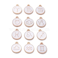 (Defective Closeout Sale: Yellowing), Alloy Enamel Pendants, Flat Round with Constellation, White, 15x12x2mm, Hole: 1.6mm(ENAM-XCP0001-14)