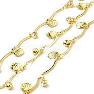 Handmade Eco-friendly Brass Curved Bar Link Chain, with Shell Shape and Glass Charms, Long-Lasting Plated, Soldered, with Spool, Golden, 15.5x1.5x1mm(CHC-E023-31G)