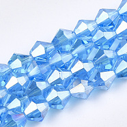 Electroplate Glass Beads Strands, AB Color Plated, Faceted, Bicone, Deep Sky Blue, 6x5.5~6mm, Hole: 1mm, about 47~48pcs/strand, 10.83 inch(27.5cm)(X1-EGLA-Q118-6mm-B05)