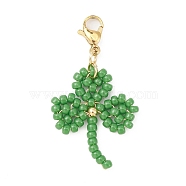 Clover Glass Beaded Pendant Decorations, with 304 Stainless Steel Lobster Claw Clasps, Medium Sea Green, 43mm(HJEW-TA00033)