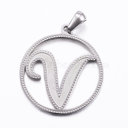 304 Stainless Steel Pendants, Flat Round with Letter, Stainless Steel Color, Letter.V, 28x25x1.2mm, Hole: 6x3.5mm(STAS-K162-075P)