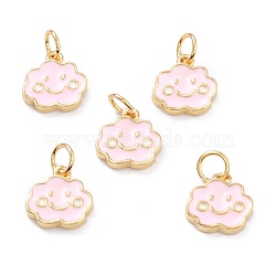 Real 18K Gold Plated Brass Charms, with Enamel and Jump Rings, Long-Lasting Plated, Cloud with Smile Face, Pink, 10.5x10x2mm, Jump Ring: 5x1mm, 3mm Inner Diameter(KK-L206-007A-G)