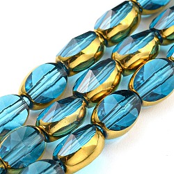 Electroplate Transparent Glass Beads Strands, with Golden Plated Edge, Faceted Oval, Deep Sky Blue, 8~9x6.5x5mm, Hole: 1.2mm, about 37pcs/strand, 23.78 inch(60.4cm)(EGLA-G037-03A-HP06)