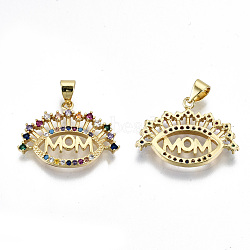 Brass Micro Pave Colorful Cubic Zirconia Pendants, with Snap on Bails, for Mother's Day, Cadmium Free & Nickel Free & Lead Free, Eye with Word Mom, Real 16K Gold Plated, 17x23x2.5mm, Hole: 5x3mm(KK-S061-82G-NR)
