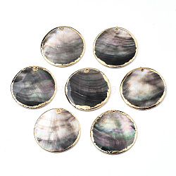 Natural Black Lip Shell Pendants, with Light Gold Plated Brass Edge, Flat Round, 40x3~5.5mm, Hole: 1.4~1.6mm(SSHEL-N034-127B-01LG)