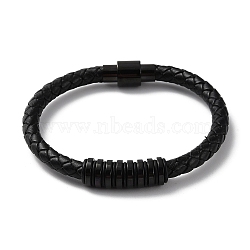 Leather Braided Round Cord Bracelet, with 304 Stainless Steel Magnetic Clasps & Beads for Men Women, Electrophoresis Black, 8-1/2 inch(21.5cm)(BJEW-F460-06EB)