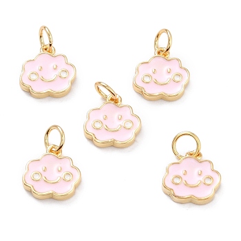 Real 18K Gold Plated Brass Charms, with Enamel and Jump Rings, Long-Lasting Plated, Cloud with Smile Face, Pink, 10.5x10x2mm, Jump Ring: 5x1mm, 3mm Inner Diameter