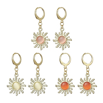 3 Pair 3 Color Alloy Sun Dangle Leverback Earrings with Cat Eye, Mixed Color, 40mm, Pin: 1mm, 1 Pair/color
