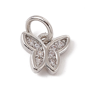 Brass Micro Pave Cubic Zirconia Charms, with Jump Rings, Butterfly Charms, Platinum, 7x8x1.5mm, Hole: 3.4mm