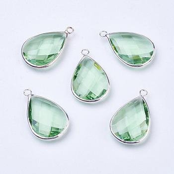 Silver Color Plated Brass Glass Teardrop Pendants, Faceted, Light Green, 18x10x5mm, Hole: 2mm