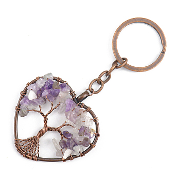 Natural Amethyst Pendant Keychains, with Brass Findings and Alloy Key Rings, Heart with Tree of Life, 10.7cm