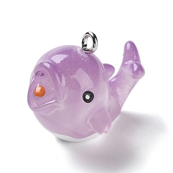 Sea Animal Theme Opaque Resin Pendants, Dolphin Charms with Platinum Tone Iron Loops, Lilac, 21.5x18x25mm, Hole: 2mm