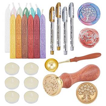 CRASPIRE DIY Scrapbook Making Kits, Including Sealing Wax Sticks, Brass Wax Seal Stamp and Wood Handle Sets, Brass Wax Sticks Melting Spoon, Candle and Marking Pens, Mixed Color, 2.5x1.4cm, 25pcs/set