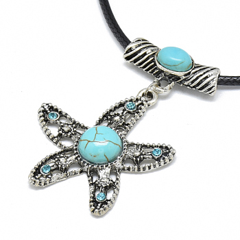 Alloy Rhinestone Pendant Necklaces, with Turquoise and Waxed Cord, Starfish/Sea Stars, Sky Blue, 17.3 inch~17.3 inch(44~45cm), 2mm