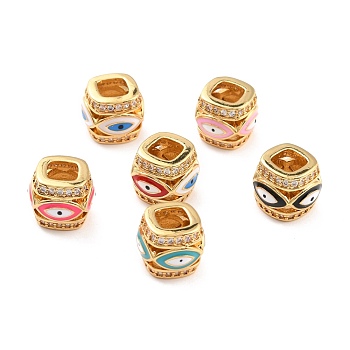 Real 18K Gold Plated Brass Micro Pave Clear Cubic Zirconia Beads, with Enamel, Large Hole Beads, Cadmium Free & Nickel Free & Lead Free, Column with Evil Eyes, Mixed Color, 12x10mm, Hole: 5.5x5.5mm