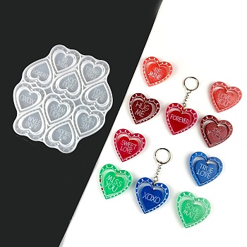 Valentine's DaySilicone Pendant Molds, Resin Casting Molds, for Keychain Claps Craft Making, Heart with Word, Heart Pattern, 165x157x6mm, Hole: 2mm, Inner Diameter: 45x50mm