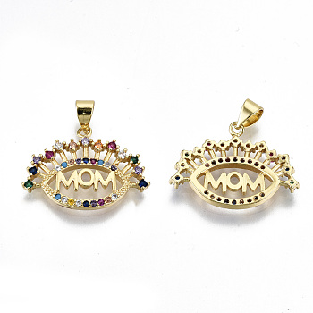 Brass Micro Pave Colorful Cubic Zirconia Pendants, with Snap on Bails, for Mother's Day, Cadmium Free & Nickel Free & Lead Free, Eye with Word Mom, Real 16K Gold Plated, 17x23x2.5mm, Hole: 5x3mm
