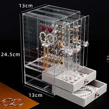 Rectangle 3 Vertical Drawers Transparent Plastic Jewelry Organizer Case, Hanging Jewelry Box with 2 Velvet Drawers, for Earring, Necklace, Ring, Bracelet Storage, Clear, 13x13x24.5cm